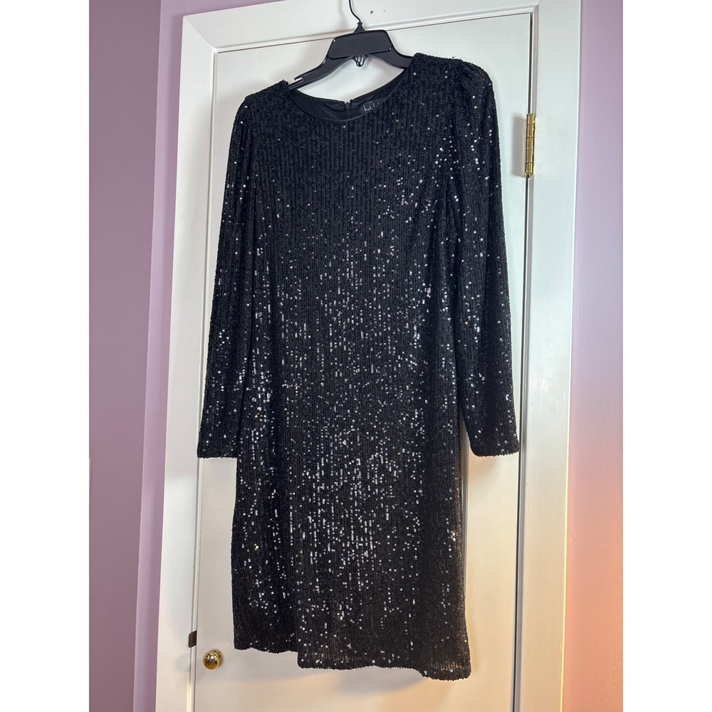 Nicole Miller Black Sequin Long Sleeve Shift Dress Size 10 Cocktail Party Event